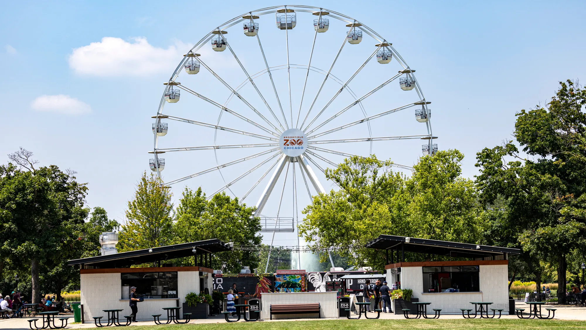main ferris wheel and restaurant at brookfield zoo